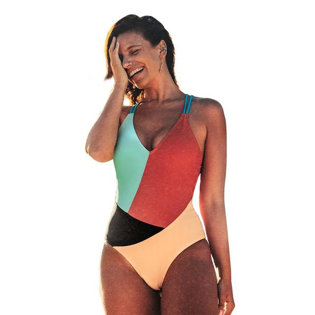 Colorblocked V-Neck Strappy One-Piece Swimsuit