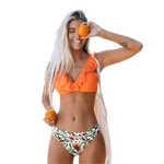 Load image into Gallery viewer, Orange Ruffle Bikini Sets With Floral Bottom
