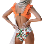 Load image into Gallery viewer, Orange Ruffle Bikini Sets With Floral Bottom
