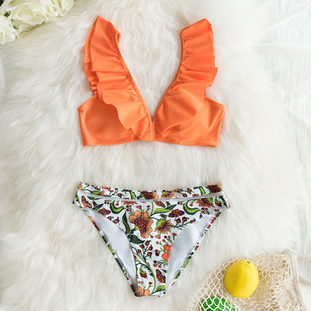 Orange Ruffle Bikini Sets With Floral Bottom