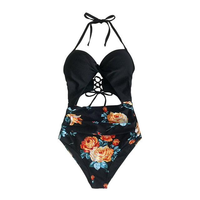 Sexy Black Floral Print Halter One-Piece Swimsuit