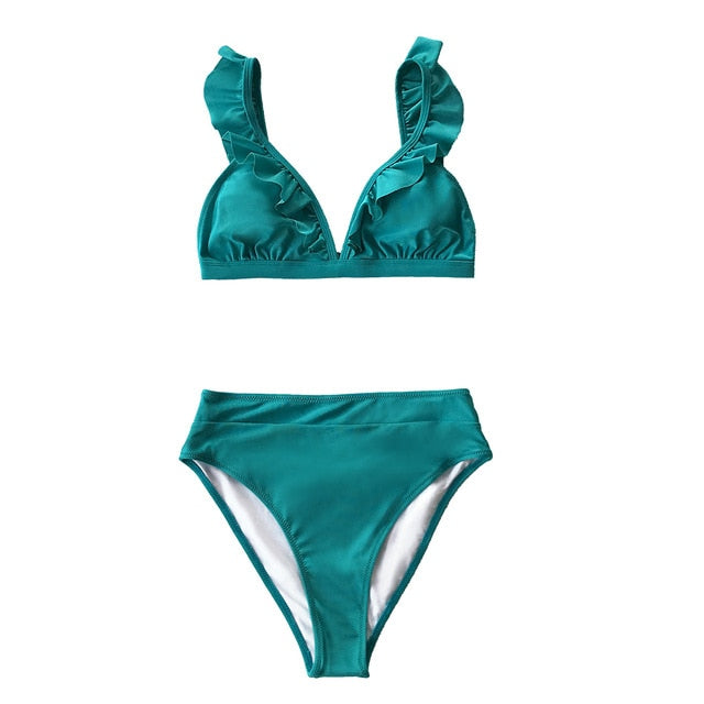 Solid Red Green Ruffled High-Waisted Bikini Set