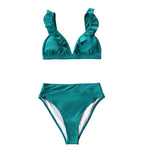 Load image into Gallery viewer, Solid Red Green Ruffled High-Waisted Bikini Set
