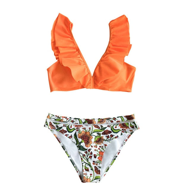 Orange Ruffle Bikini Sets With Floral Bottom