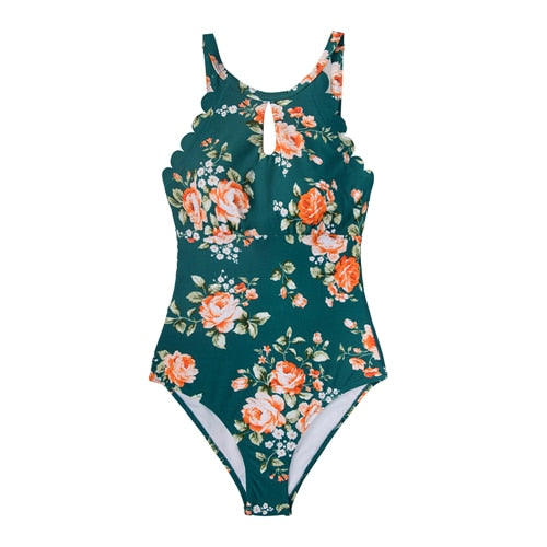 Green Floral Scalloped One-piece Swimsuit